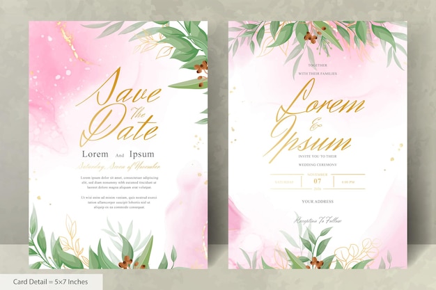 Elegant Wedding Invitation Card with Watercolor and Greenery Leaves