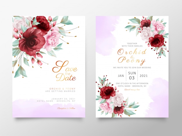 Elegant wedding invitation cards template with flowers and watercolor