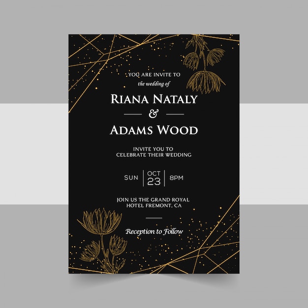 Elegant wedding invitation cards template with golden floral decoration