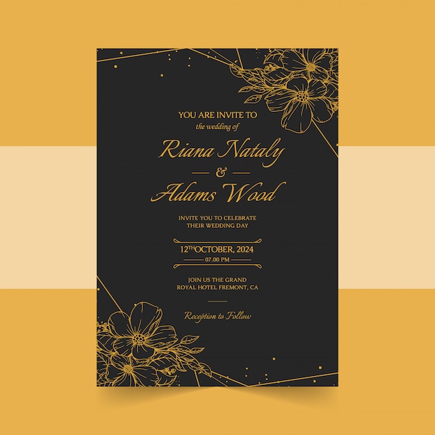 Elegant wedding invitation cards template with golden floral decoration