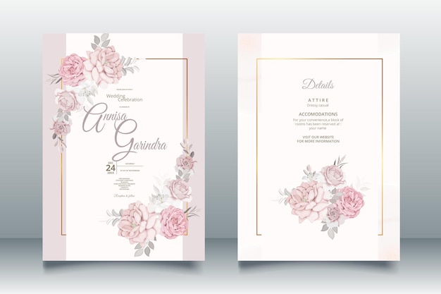 Elegant wedding invitation cards template with pink and blush roses design Premium Vector