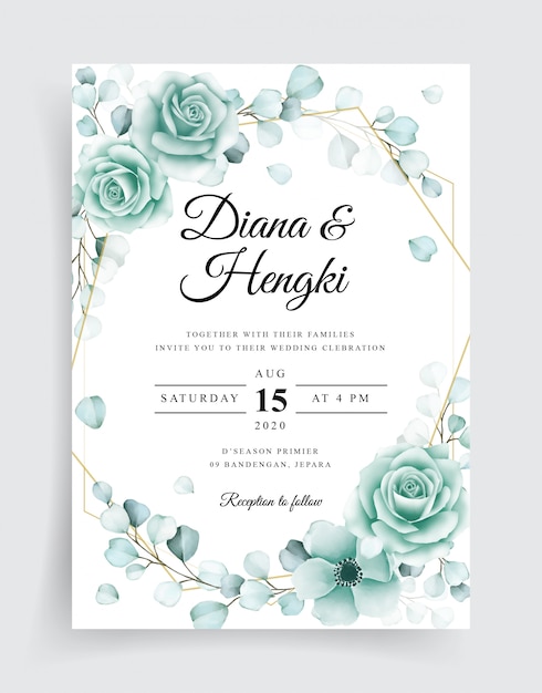 Elegant wedding invitation cards template with watercolor eucalyptus