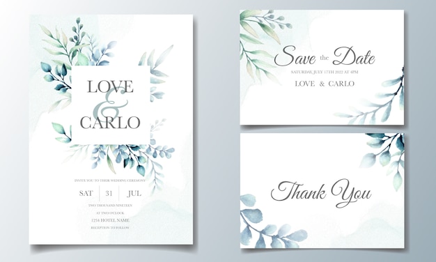 Elegant wedding invitation cards template with watercolor leaves