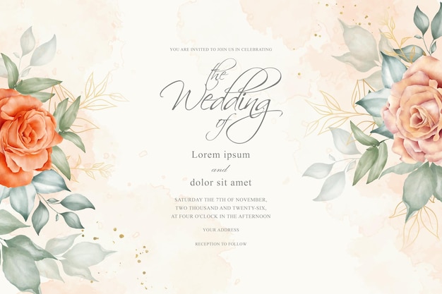 elegant wedding invitation design template with watercolor flower and leaves