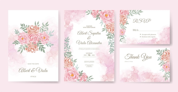 Elegant wedding invitation set with rose flower watercolor