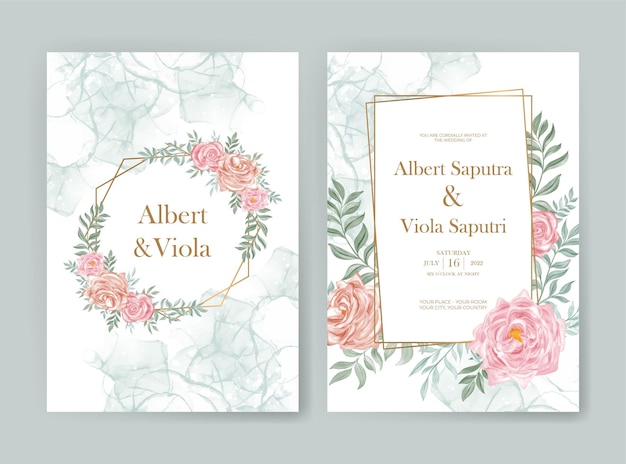 Elegant wedding invitation set with rose flower watercolor