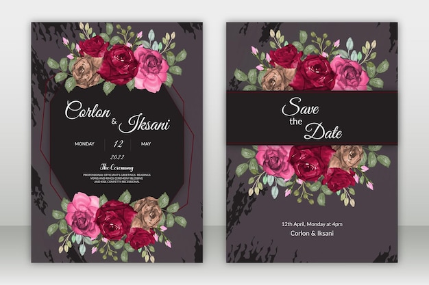 Elegant wedding invitation template card set with water color hand drawn peony roses Premium Vector