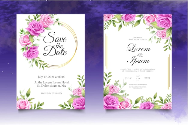 Elegant wedding invitation template set with beautiful roses