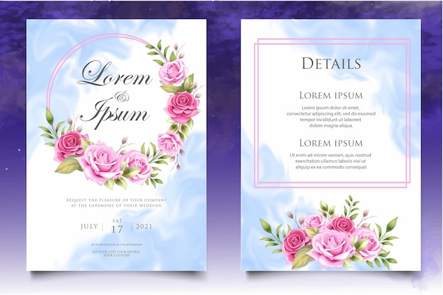 Elegant wedding invitation template set with beautiful roses