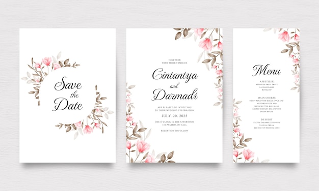 Elegant wedding invitation template set with floral watercolor