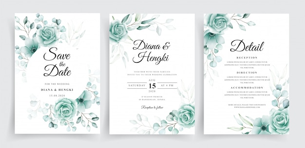 Elegant wedding invitation template set with watercolor eucalyptus