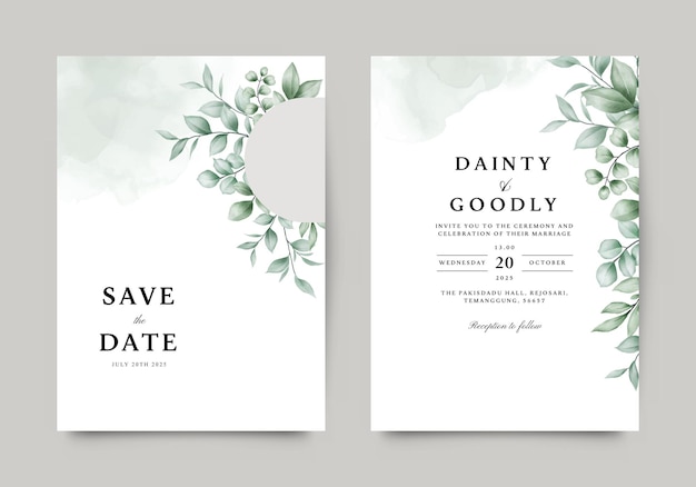 Elegant wedding invitation template with beautiful watercolor leaves