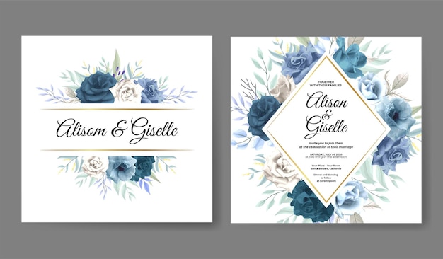 Elegant wedding invitation template with blue flower decoration set