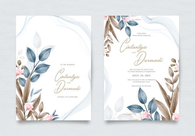 Elegant wedding invitation template with floral watercolor painting