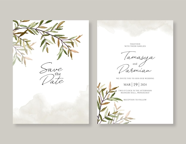 Elegant wedding invitation template with foliage watercolor