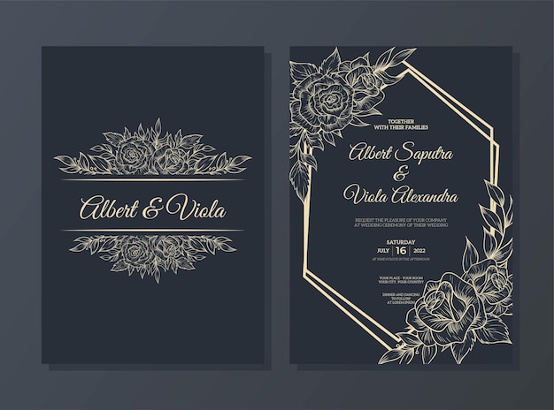 Elegant wedding invitation template with outline flower decoration