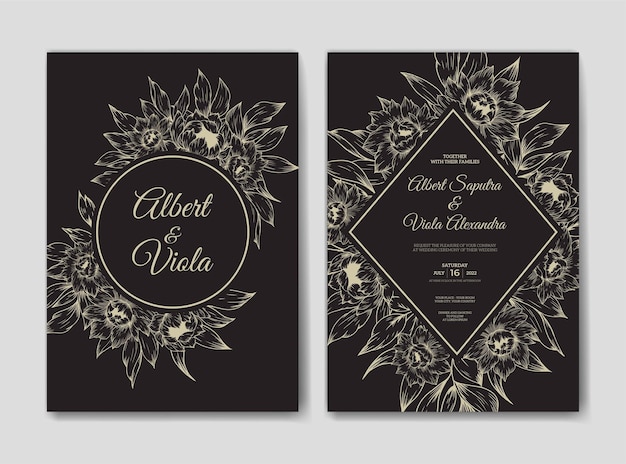 elegant wedding invitation template with outline flower decoration