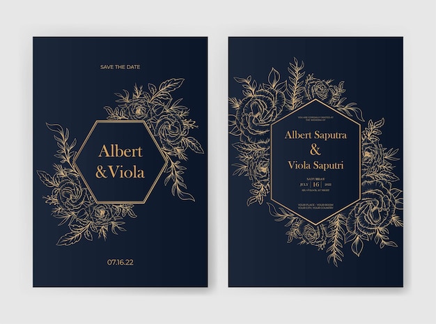 Elegant wedding invitation template with outline flower decoration