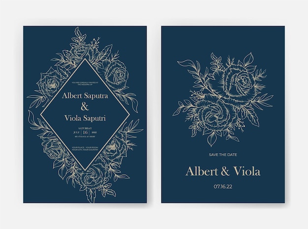 Elegant wedding invitation template with outline flower decoration