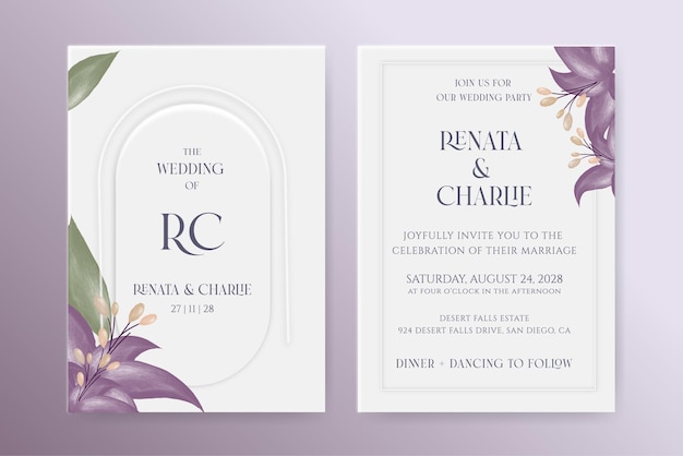 Elegant wedding invitation template with purple flower