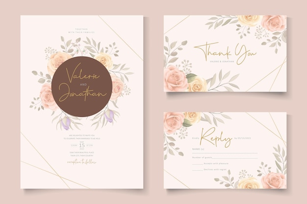 Elegant wedding invitation template with soft color blooming roses flower