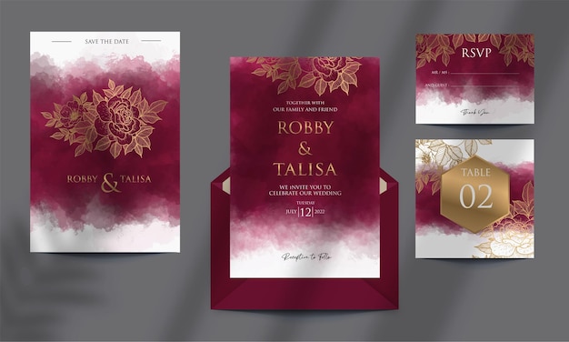 Elegant wedding invitation template with watercolor burgundy background and floral gold outline