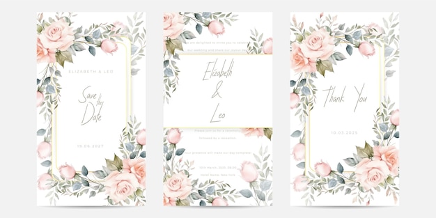 Vector elegant wedding invitation template with watercolor flower and leaves