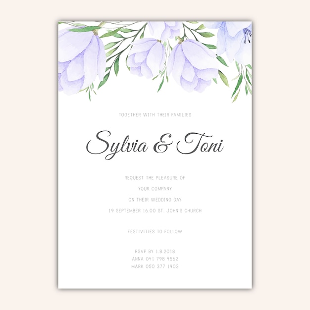 Elegant wedding invitation template with watercolor flowers