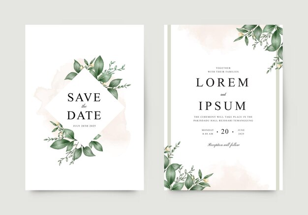 Vector elegant wedding invitation template with watercolor green leaves