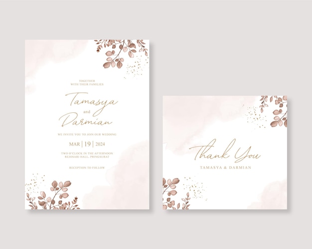 Elegant wedding invitation template with watercolor leaves