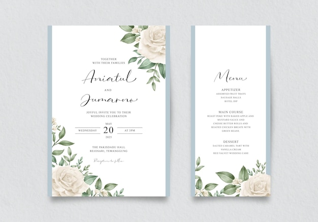 Elegant wedding invitation template with yellow roses and green leaves