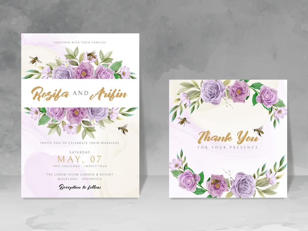 elegant wedding invitation with floral and bees watercolor