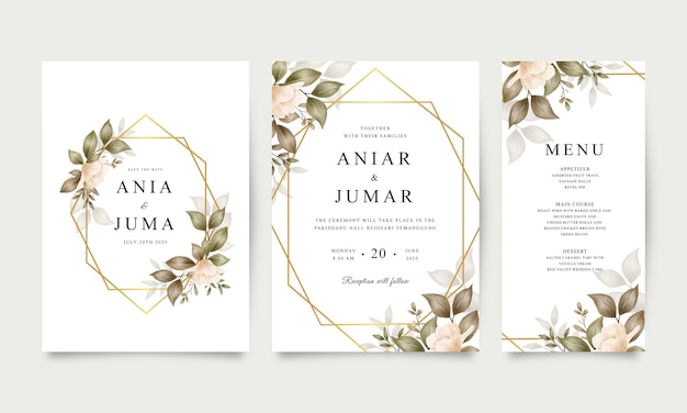 Vector elegant wedding invitation with golden geometric and floral arrangement