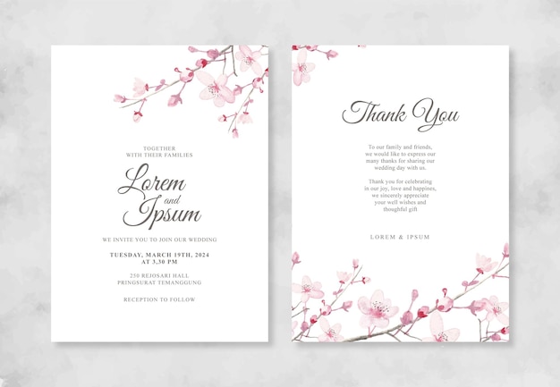 Elegant wedding invitation with hand painted watercolor Cherry blossoms