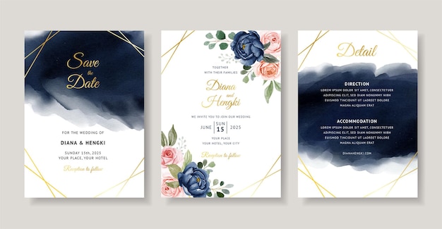 Elegant wedding invitation with navy floral watercolor