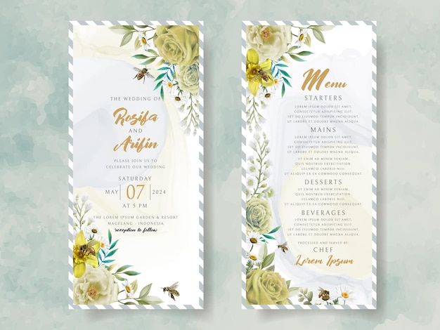 elegant wedding invitation yellow flowers and bees