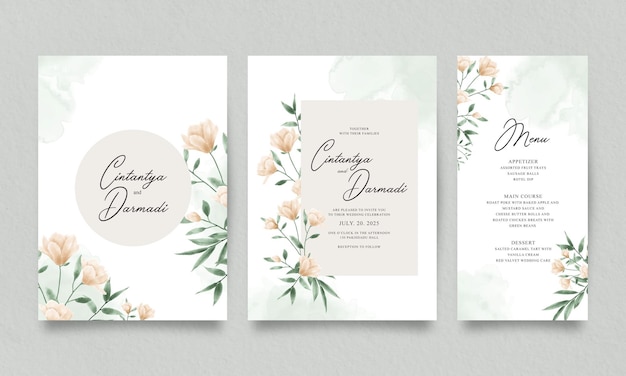 Elegant wedding invitations template set with floral watercolor