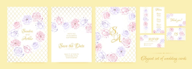 Elegant wedding invitations with roses and leaves frames