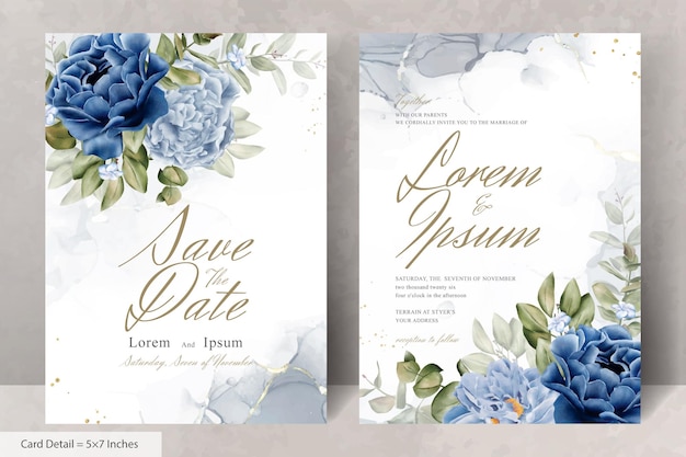 Elegant wedding Stationery with Navy Blue Flower and Leaves