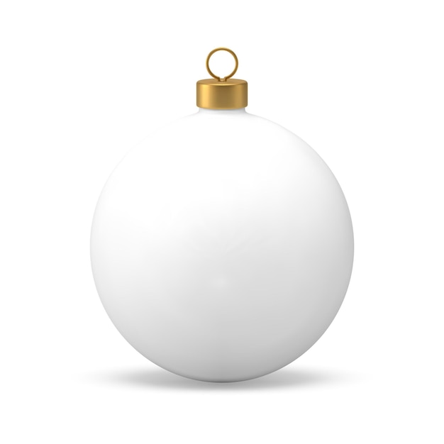 Elegant white Christmas ball toy with golden loop for hanging on spruce 3d icon realistic vector