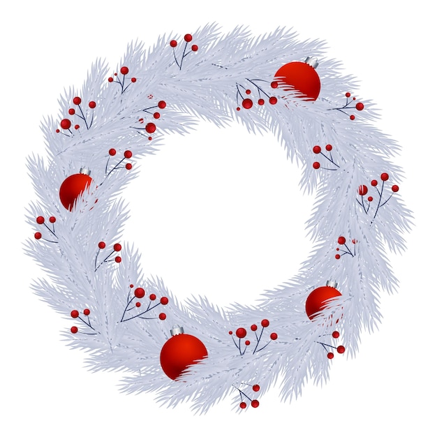 Elegant white Christmas fir wreath with red berries and balls decorations