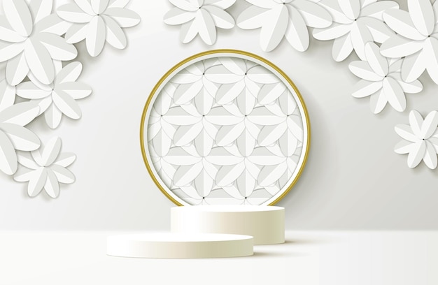 Elegant white paper cut floral background with white display podium for mockup