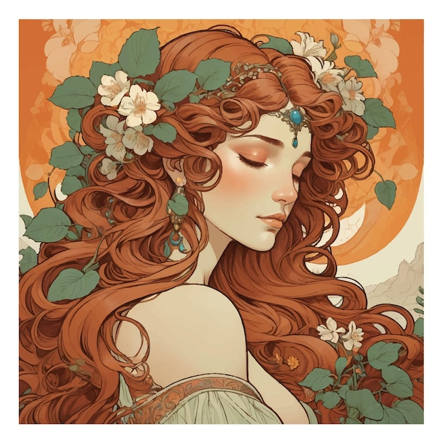 Elegant Woman in Art Nouveau Style with Flowing Hair and Floral Accents