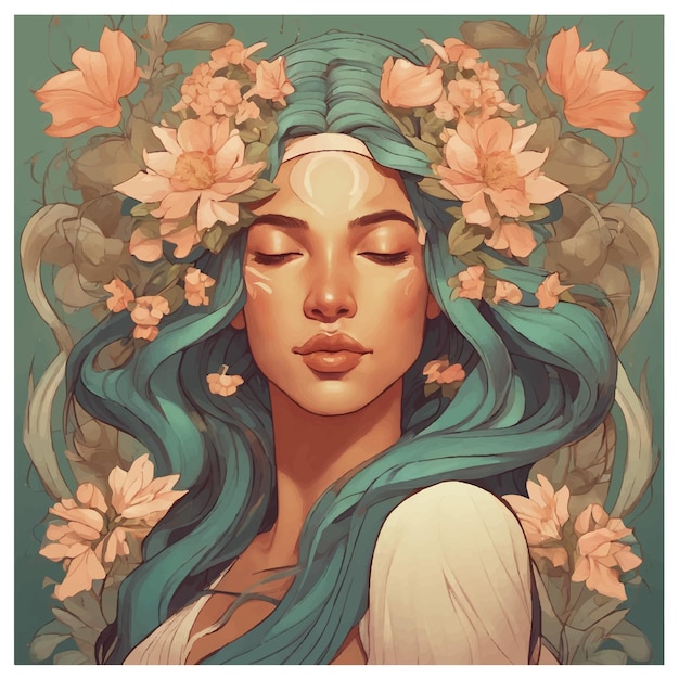 Elegant Woman in Art Nouveau Style with Flowing Hair and Floral Accents