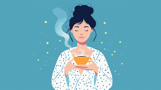 Vector elegant woman in bathrobe holding cup of coffee