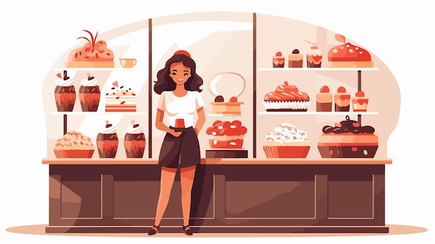 Vector elegant woman at cake shop showcase displaying pastries and sweets