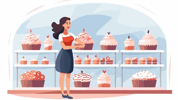 Vector elegant woman at cake shop showcase displaying pastries and sweets