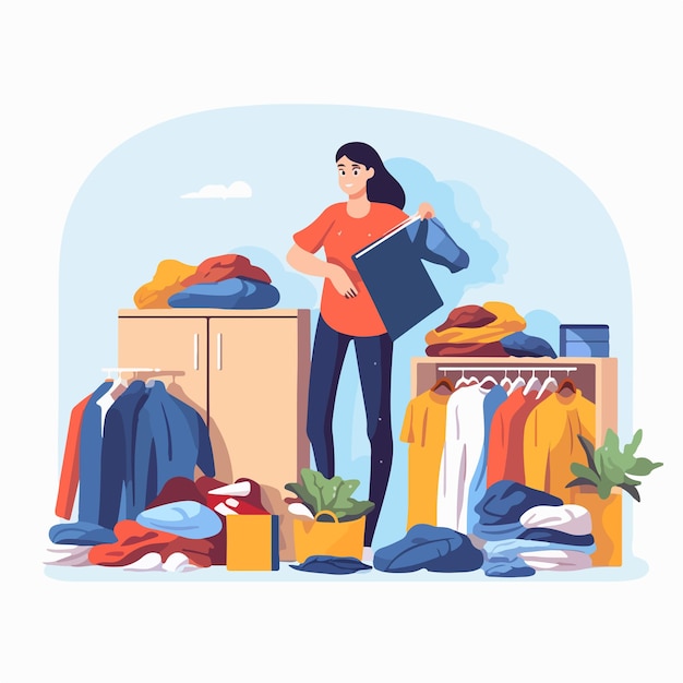 Elegant woman decluttering and organizing wardrobe putting clothes in order