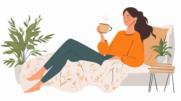 Vector elegant woman enjoying tea on bed flat vector illustration