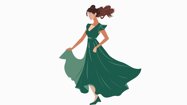 Elegant Woman in Green Dress Flat Vector Illustration on White Background